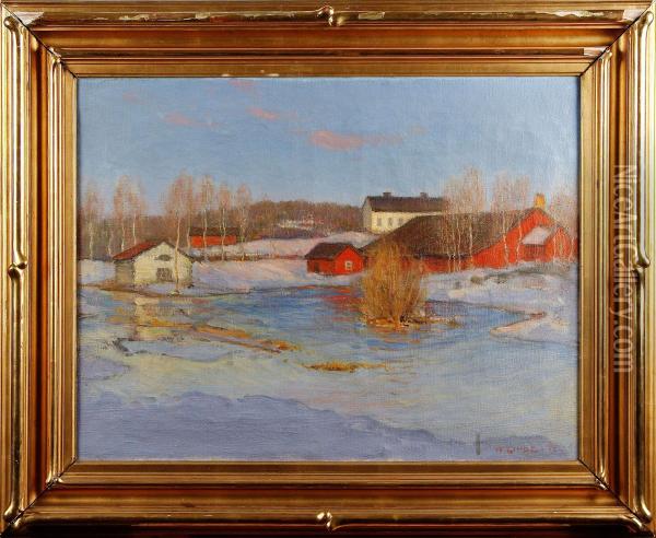 Gardsmotiv I Vinterlandskap Oil Painting - Hjalmar Linde