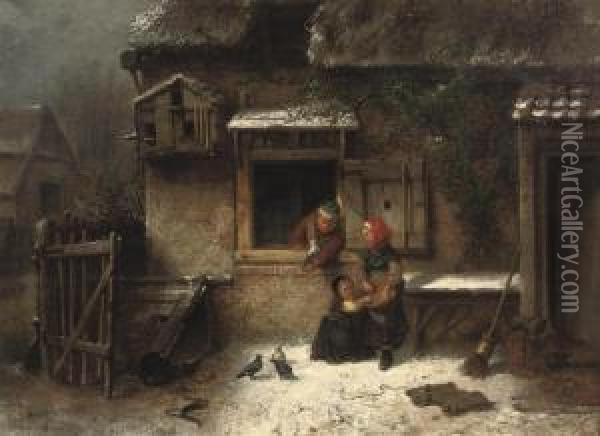 Feeding The Pigeons In Winter Oil Painting - Jan Mari Henri Ten Kate
