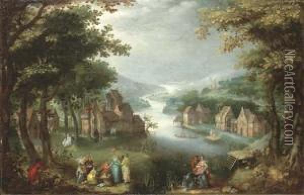 An Extensive Wooded River Landscape With The Finding Of Moses Oil Painting - Karel Van Mander