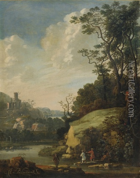 Hilly Landscape With Figures By A River Oil Painting - Abraham Blommaert