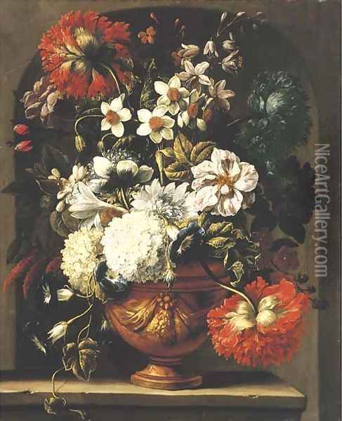 Peonies, roses, chrysanthemums, narcissi, morning glory and other flowers in an urn on a stone ledge Oil Painting - Gaspar Peeter The Elder Verbruggen