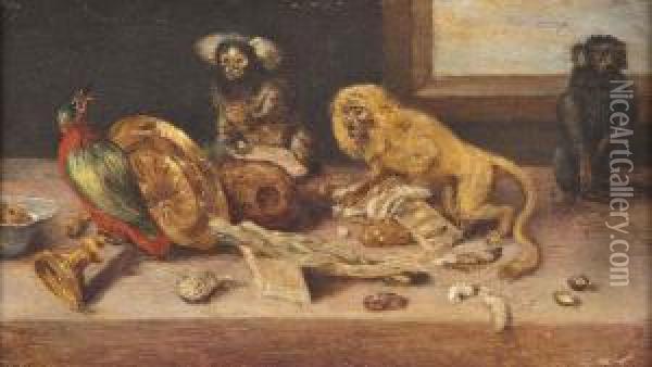 Drei Chaos Verbreitende Affen Und Ein Vogel Auf Einem Tisch Oil Painting - Jan van Kessel