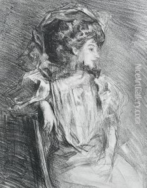 Lady In A Hat Seated Oil Painting - Albert De Belleroche