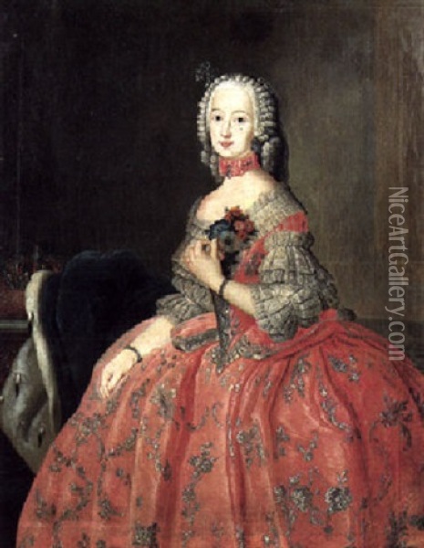 Portrait Of A Lady Seated Beside A Table With A Crown, Wearing A Pink Dress, Holding A Posy Of Flowers Oil Painting - Antoine Pesne