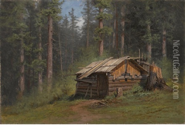 Charcoal Burner's Cabin Oil Painting - Raymond Dabb Yelland