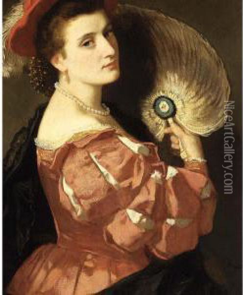 A Portrait Of An Elegant Lady Holding A Fan Oil Painting - Carl Ludwig Friedrich Becker