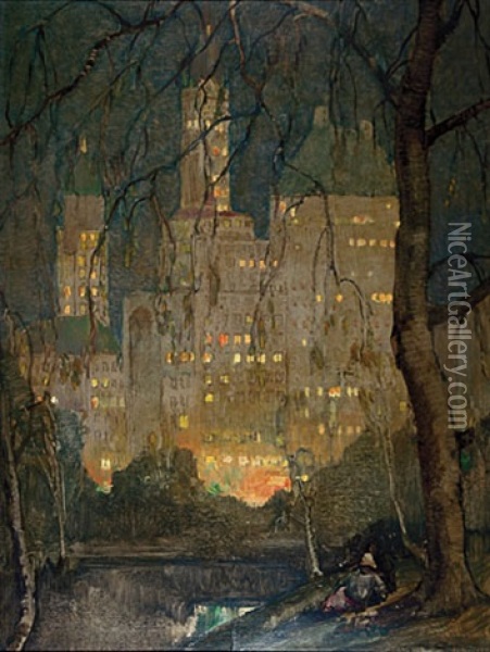 The East Side As Seen From Central Park, New York City Oil Painting - Ettore Caser