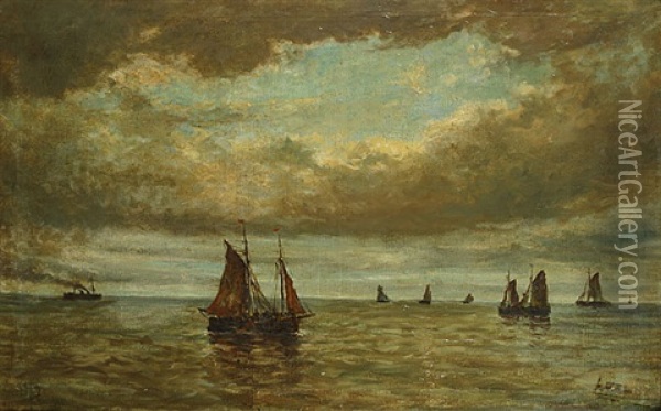 Zeilboten Op Volle Zee Oil Painting - Louis Artan De Saint-Martin