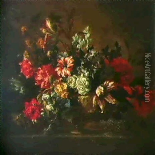 Composition Florale Dans Une Urne Sculptee Posee Sur Un     Entablement De Pierre Oil Painting - Jean-Baptiste Monnoyer