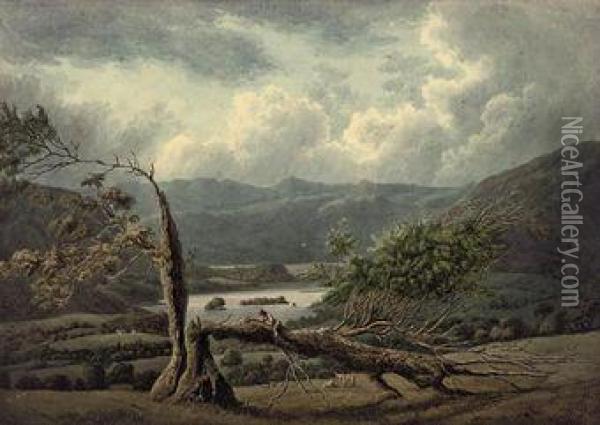 An Extensive Landscape In The Lake District With Figures On Afallen Tree In The Foreground Oil Painting - William Green Of Ambleside