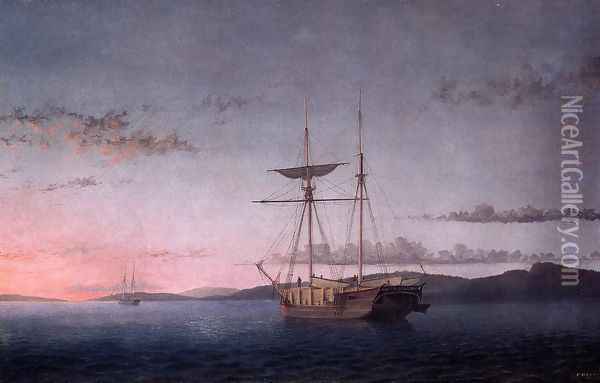 Lumber Schooners at Evening on Penobscot Bay Oil Painting - Fitz Hugh Lane