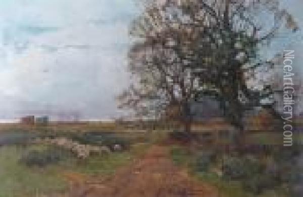 Sheep Grazing By A Country Track Oil Painting - Henry Charles Fox