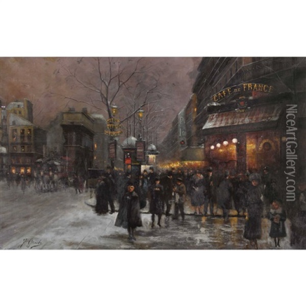 Nachtlicher Boulevard In Paris Mit Der Porte Saint-martin Oil Painting - Fausto Giusto