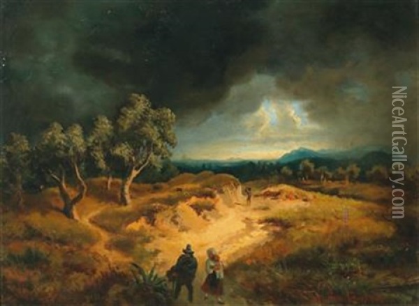 Returning Home With Approaching Storm Oil Painting - Oswald Achenbach