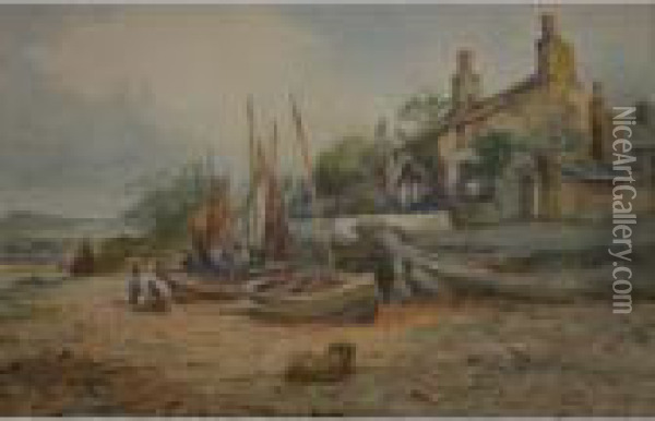 Fishing Boats Near Cottages, Anglesey (?) Oil Painting - Joseph Hughes Clayton