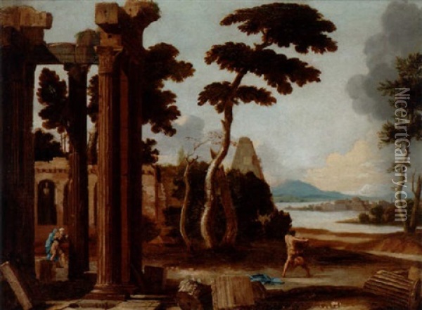 Ruinlandskap Med Simson Och Lejonet Oil Painting - Thomas Blanchet