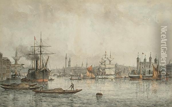 The Thames At The City Oil Painting - Francois Carlebur Of Dordrecht