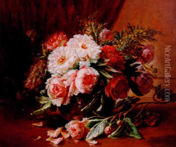 Still Life Of Peonies In A Bronze Bowl Oil Painting - Clement Gontier