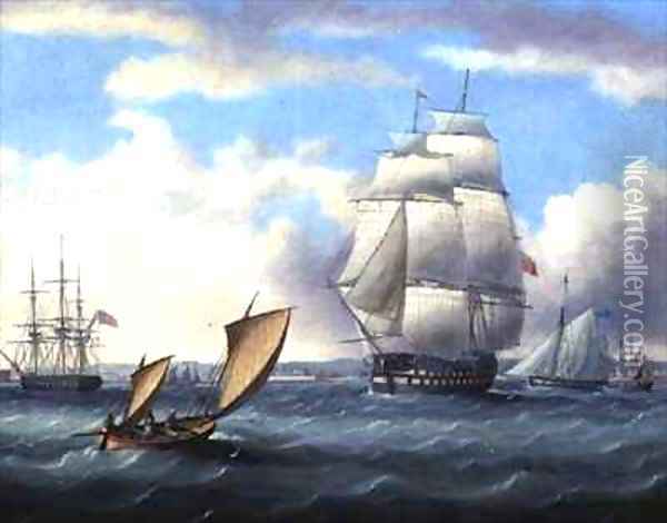 'Euryalus' (Capt. Blackwood), 'Thunderer' and 'Ajax' leaving Plymouth on the way to Cadiz and the Battle of Trafalgar (1805), Lugger in the foreground Oil Painting - Thomas Buttersworth