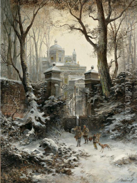 Hunters Returning To Their Palace In Winter Oil Painting - E. Lermontoff