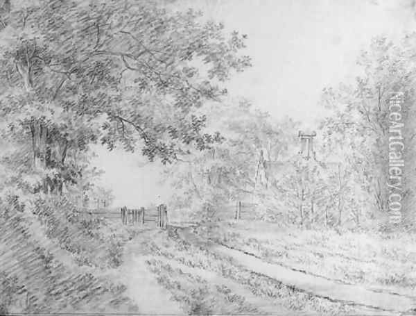 A wooded road with a fence by a house Oil Painting - Jacob Cats