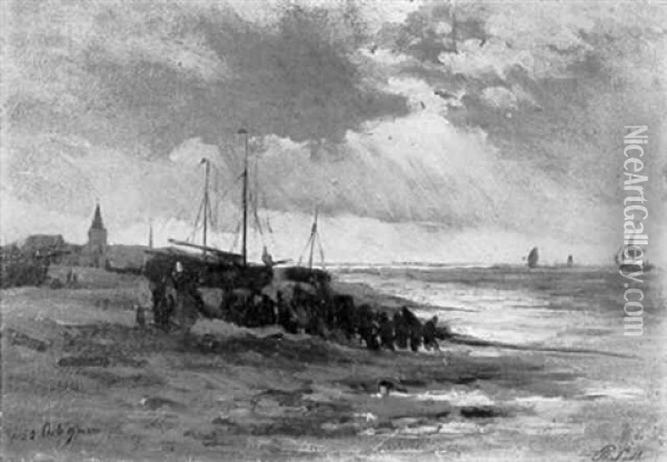 Dragging Fishing Vessels On The Beach, Scheveningen Oil Painting - Philip Lodewijk Jacob Frederik Sadee