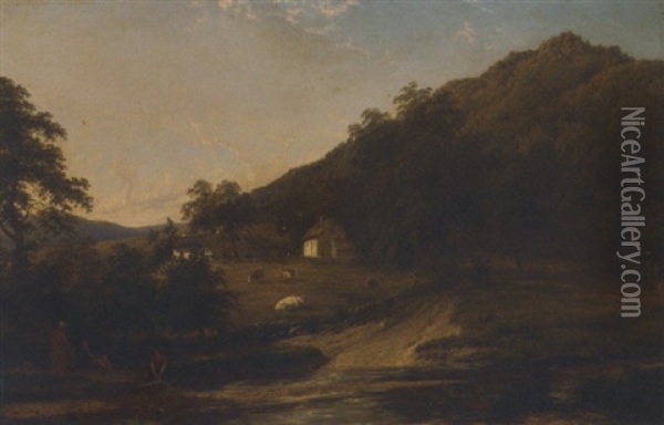 Figures By A River With Cottages Beyond Oil Painting - Thomas Baker