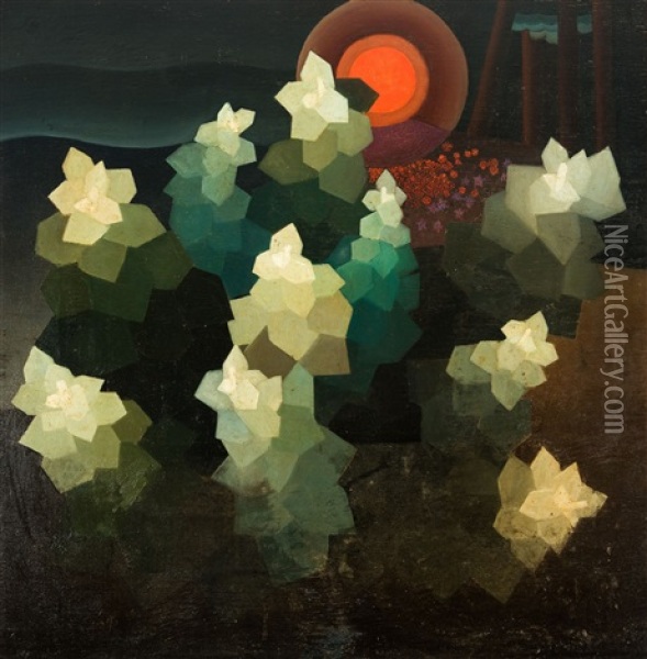 Composition With Trees And Red Sun Oil Painting - Hubert Wolfs