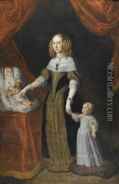 Portrait Of A Lady, Full Length, Standing With Two Children Oil Painting - Sir Anthony Van Dyck