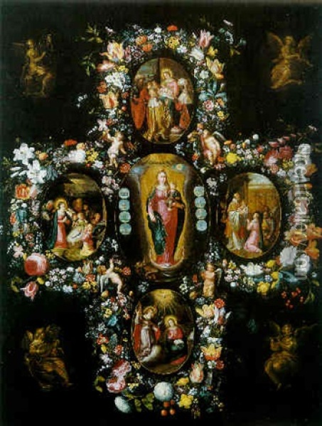 Guirlande De Fleurs Entourant Des Scenes De La Vie Du Christ Oil Painting - Andries Daniels