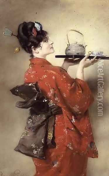 Portrait of a European Lady in Japanese Costume Oil Painting - Clemens von Pausinger