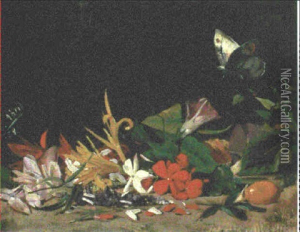 Convovulus, Lily And Other Flowers With A Butterfly Oil Painting - Salvador Abril y Blasco