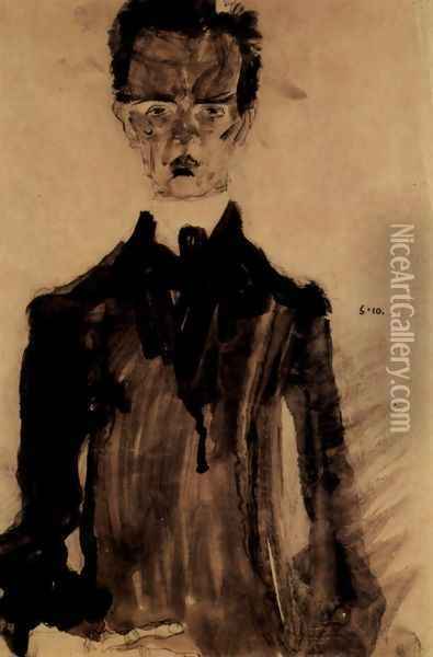 Selfportrait in the black garment Oil Painting - Egon Schiele
