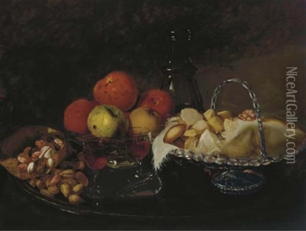 A Still Life With Fruits, Sweets, Nuts And Wine Oil Painting - Elizabeth Williams