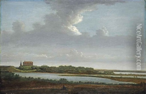 A Panoramic River Landscape With A Figure Resting, A Monumental Building And A Church Tower Beyond Oil Painting - Pieter Jansz Post