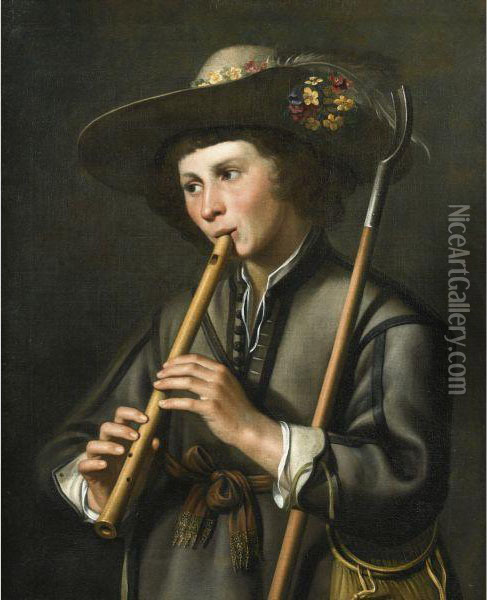 A Shepherd Playing The Pipes Oil Painting - Johan Baeck