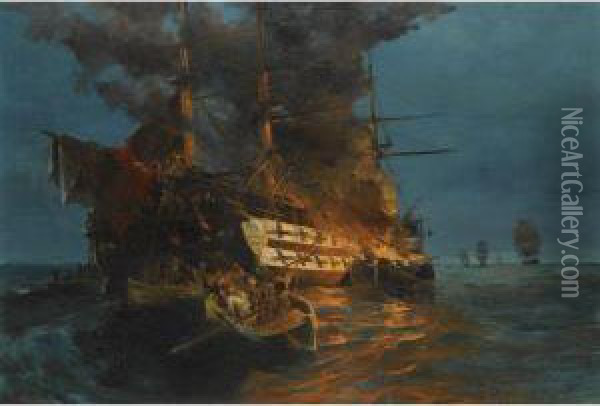 The Burning Of A Turkish Frigate Oil Painting - Constantinos Volanakis