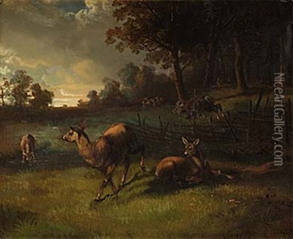 Landskap Med Hjortar Oil Painting - Carl Fredrik Kiorboe