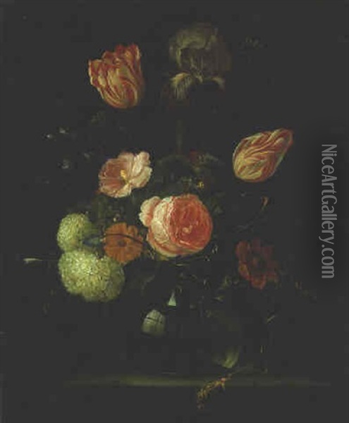 Flowers In A Glass Vase On A Ledge Oil Painting - Jan Davidsz De Heem
