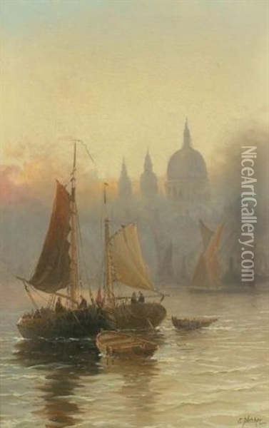 St. Paul's From The Thames  (+ Westminster From The Thames; Pair) Oil Painting - Edward Henry Eugene Fletcher