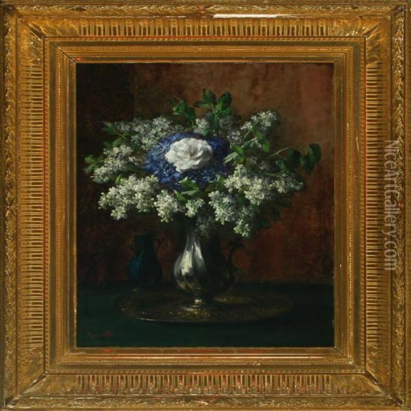 Still Life With Lilacs And Rose In A Vase Oil Painting - Eugene Petit