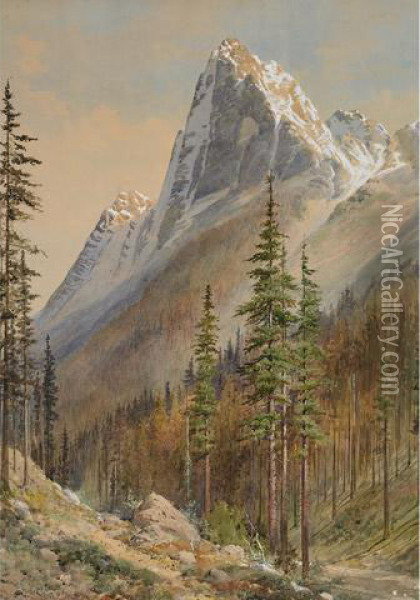 A Snow-clad Mountain In The Rockies, A Railway Track In Theforeground Oil Painting - Frederic Marlett Bell-Smith