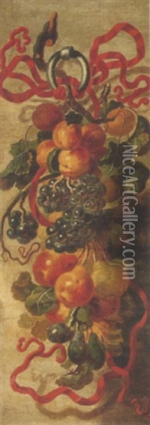 Still Life Of A Garland Of Fruit Suspended By A Red Ribbon Oil Painting - Giovanni Paolo Castelli (lo Spadino)