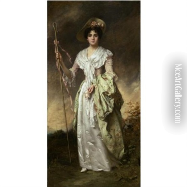 Shepherdess With Her Crook Oil Painting - Thomas Benjamin Kennington