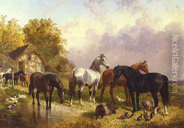 Horses in a Farmyard Oil Painting - John Frederick Herring Snr