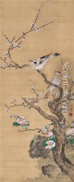 Plum Flower And Birds Oil Painting - Shizan So