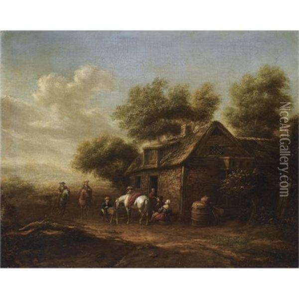 A Dune Landscape With Travellers Resting Outside An Inn Oil Painting - Barend Gael