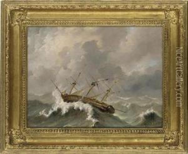 A Dismasted Frigate Wallowing In The Gale Oil Painting - Petrus Jan Schotel