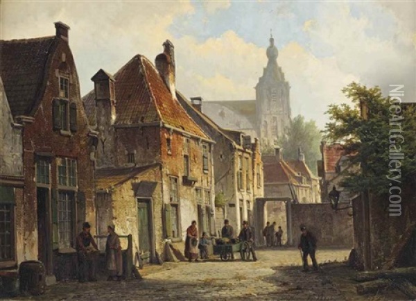 Townsfolk In A Sunlit Street With A Church Beyond Oil Painting - Willem Koekkoek