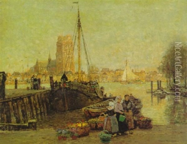Quai Im Hafen Von Dordrecht Mit Einer Blumenverkauferin Oil Painting - Hans Herrmann